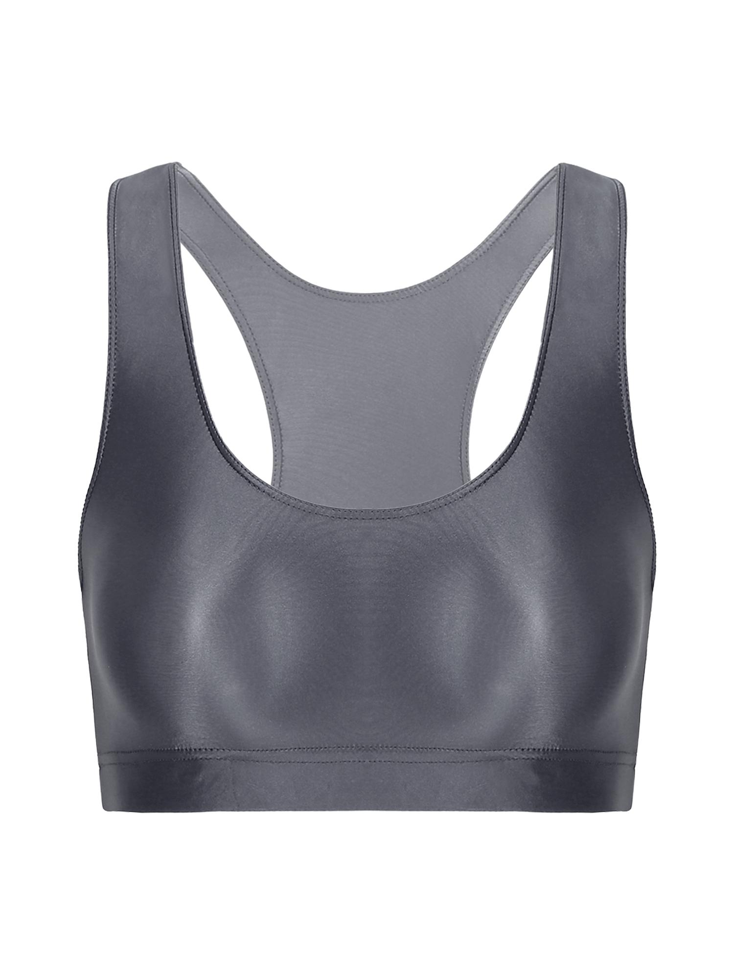 

Жіночий безрукавний укорочений топ з глянцевим U-подібним вирізом, однотонний, для фітнесу, йоги XL темно-сірий колір