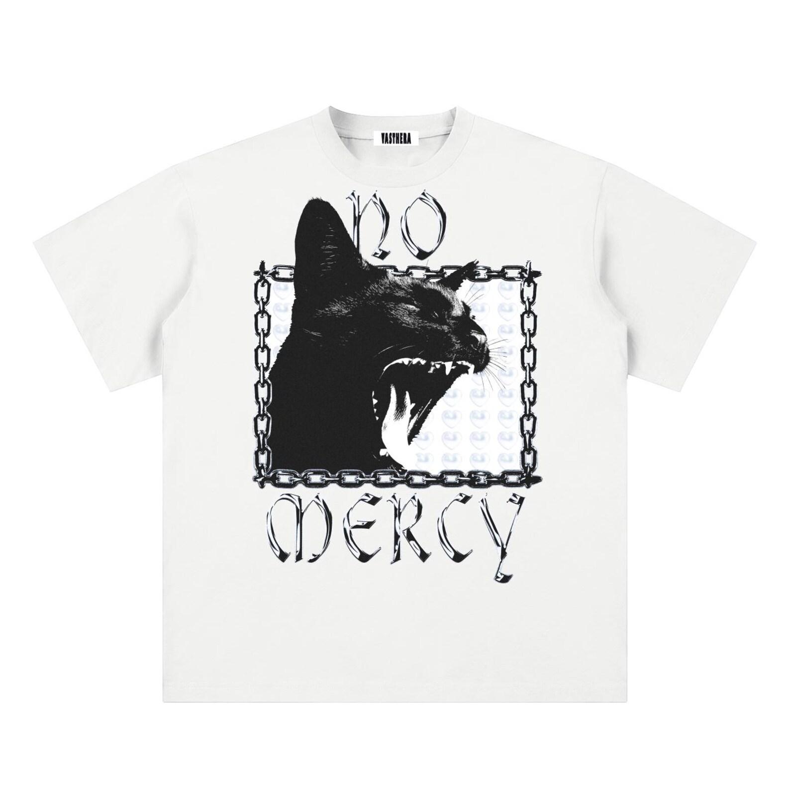 No Mercy Graphic T-Shirt, Black Cat Streetwear Tee, Grunge Fashion Top S