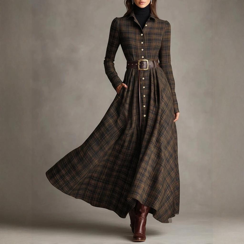 Damen kariertes Hemdblusenkleid, V-Ausschnitt, einreihig, mit Schlitz, Maxikleid