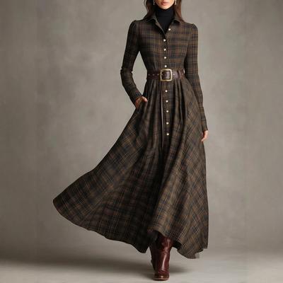 Women's Plaid Shirt Dress , V,Neck, Single,Breasted With Slit Maxi Dress