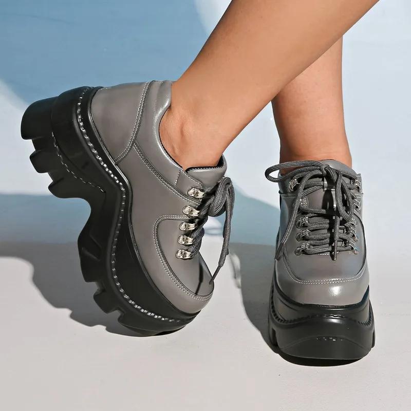 Round Toe Deep Mouth Lace-Up Front Platform Anti-Slip Wear-Resistant Block Heel Low-Top Loafers