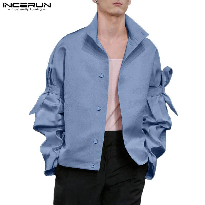 INCERUN Oversized Men Stand Neck Bow Knot Long Sleeve Casual Loose Shirts Tops
