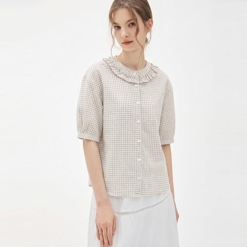 ELLE Women s Retro Plaid Puff Sleeve Shirt M