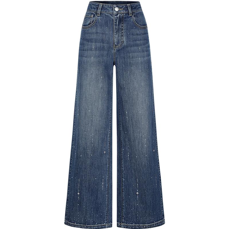 JZ-AnnaCoe Elastic Meteor Hot Drill Wide-Leg Jeans for Women