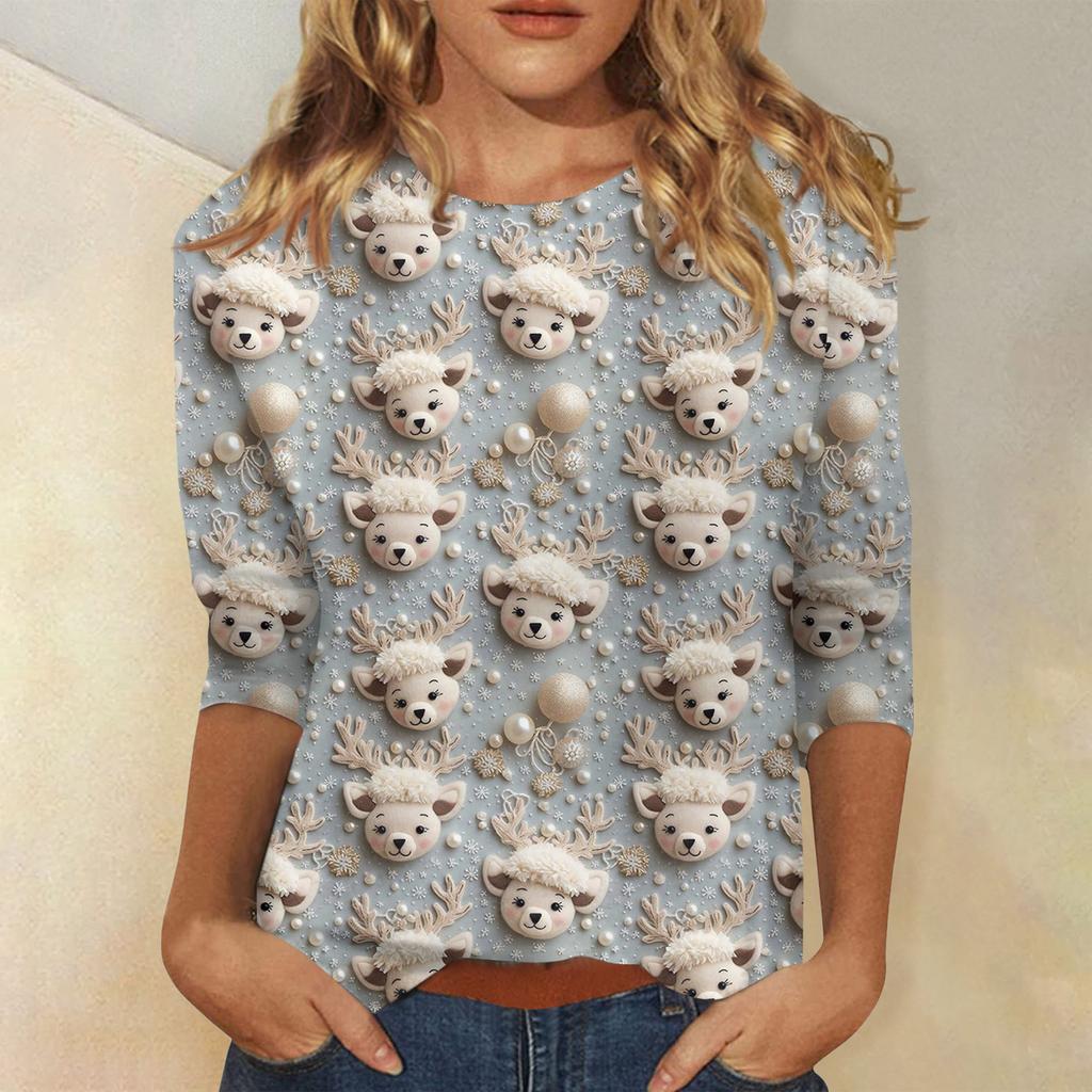Women's Fashionable Casual Three-Quarter Sleeve Christmas Print Round Neck Top