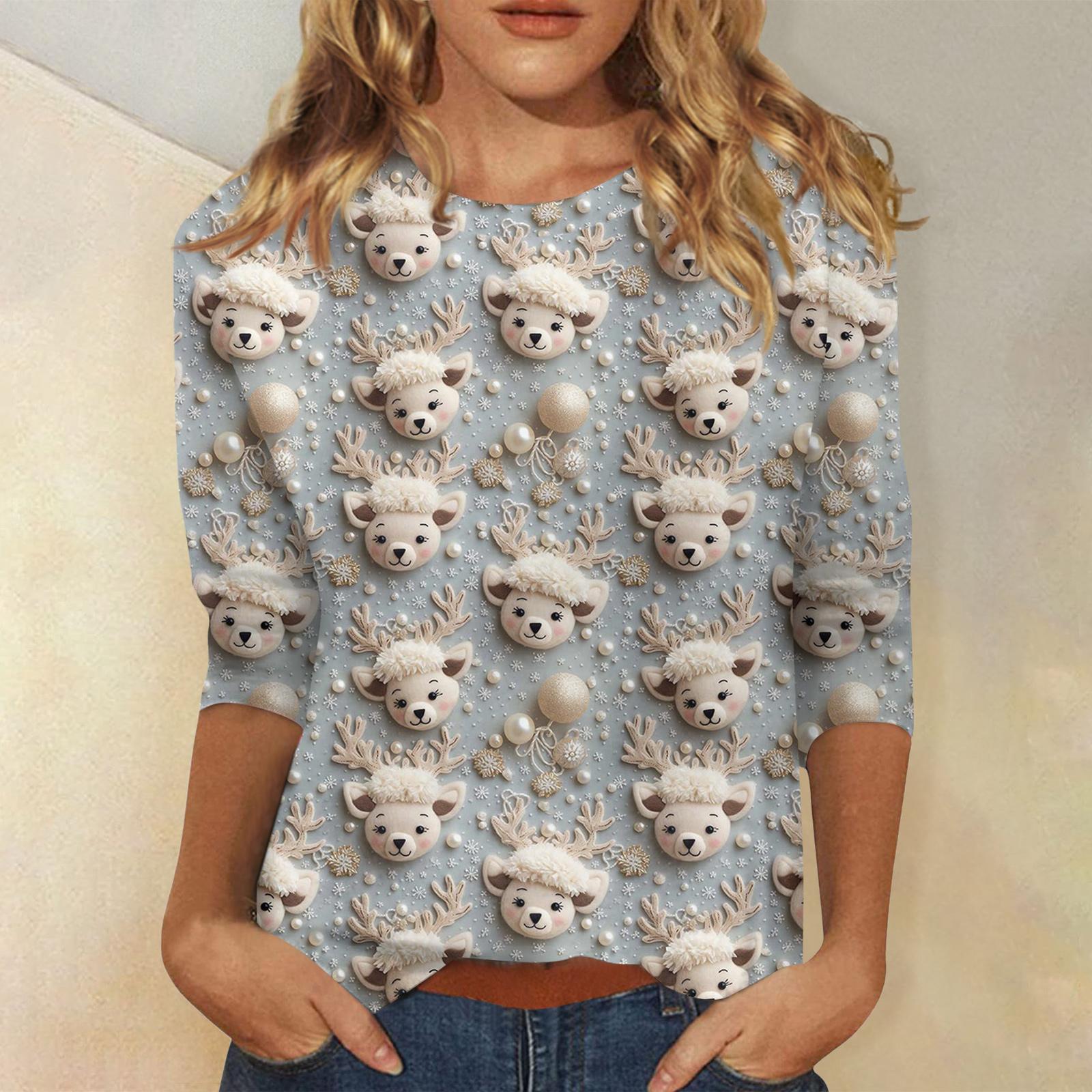 

Женская модная повседневная футболка с рукавом три четверти и рождественским принтом, с круглым вырезом XXXXL белый