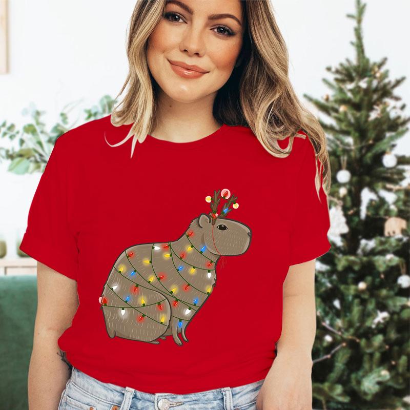 Womens Christmas Tshirt Funny Capybaras Lights Design Festive Crew Neck Girls Clothing Merry Christmas Capybara Cartoon Tshirt