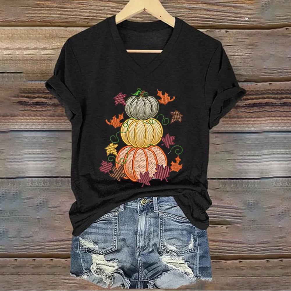 

Pumpkin Print Short Sleeves T-shirts Summer Fashion Casual V-neck Women s T shirt Women Clothing Tops Loose Pullover 8XL