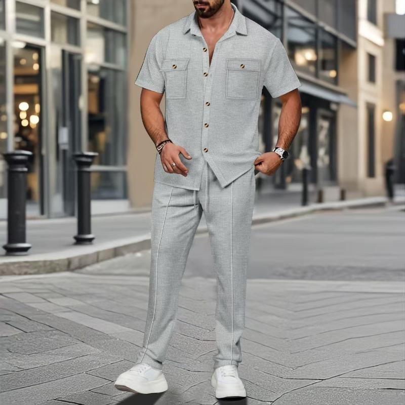 Men's Casual 2 Piece Waffle Knit Outfit Turn-down Collar Short Sleeve Shirt with Chest Pockets & Straight Leg Trousers Beige
