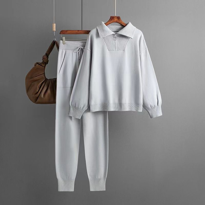 

Western Style Loose Zip-up Lapel Knit sweater Pants set Knitted Sweater Pants Set Light gray One size