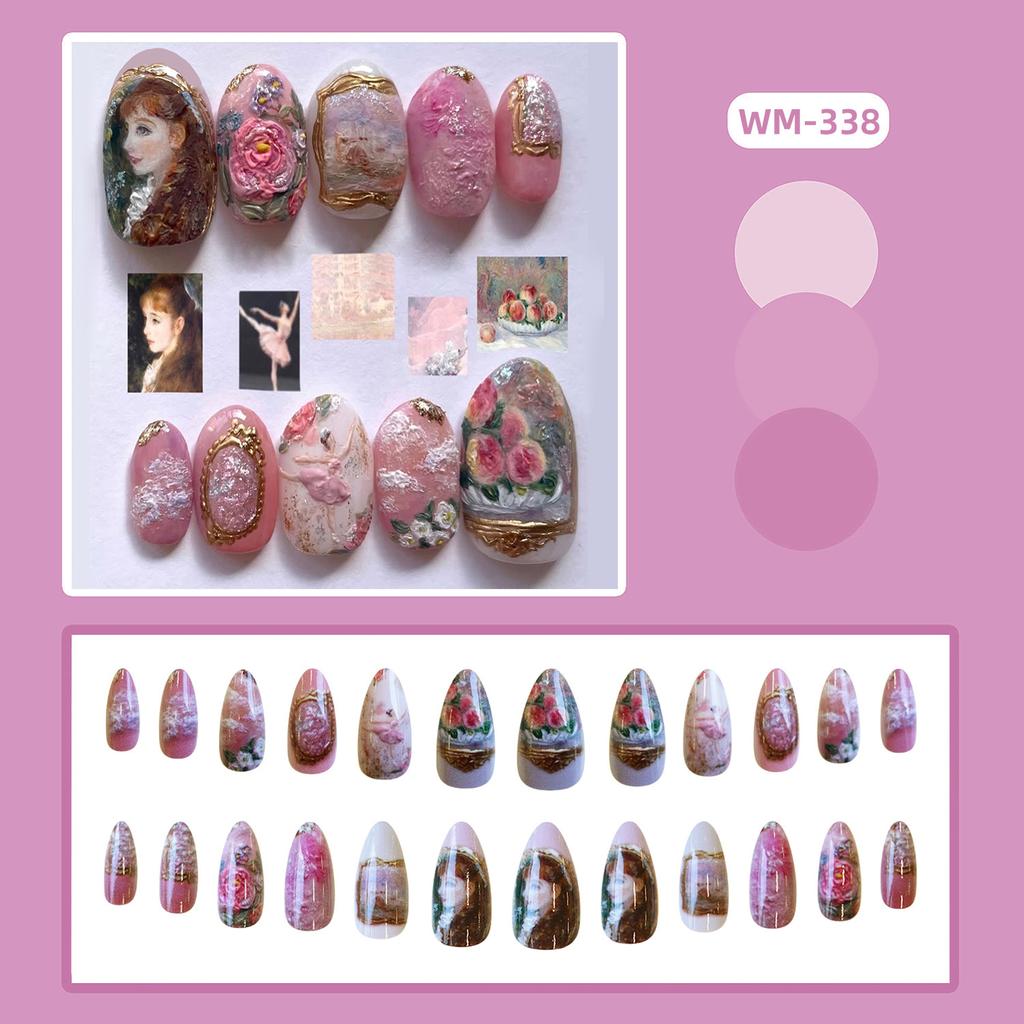 24PCS Retro Oil Paintings Patterns Almond False Nails with Glue Cute Sweet Garden Girl Stick On Nails Detachable Fake Nails Tips