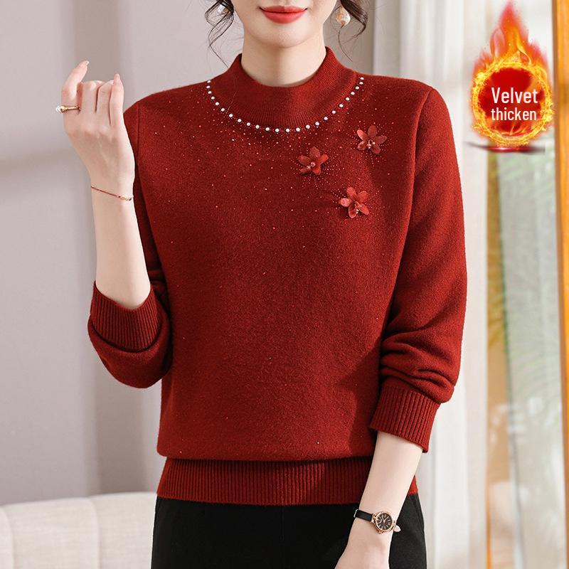 Mom's Winter Knit Sweater with Velvet Lining, Perfect for Middle-Aged & Elderly Women, Cozy 60+ Base Layer Top