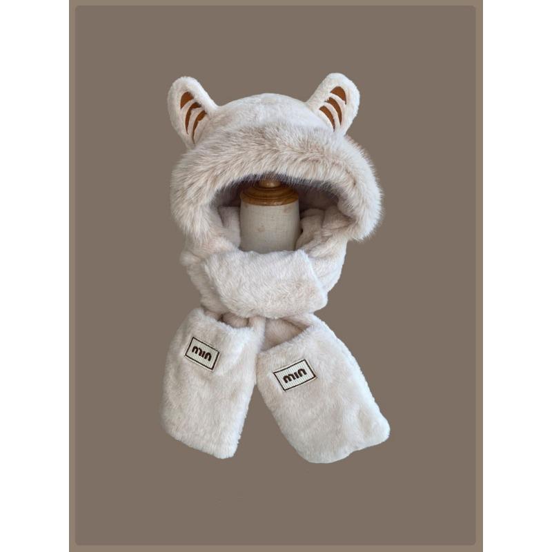 

Cute little tiger ears plush hat new women s winter cycling cold and warm hat scarf integrated hat One size
