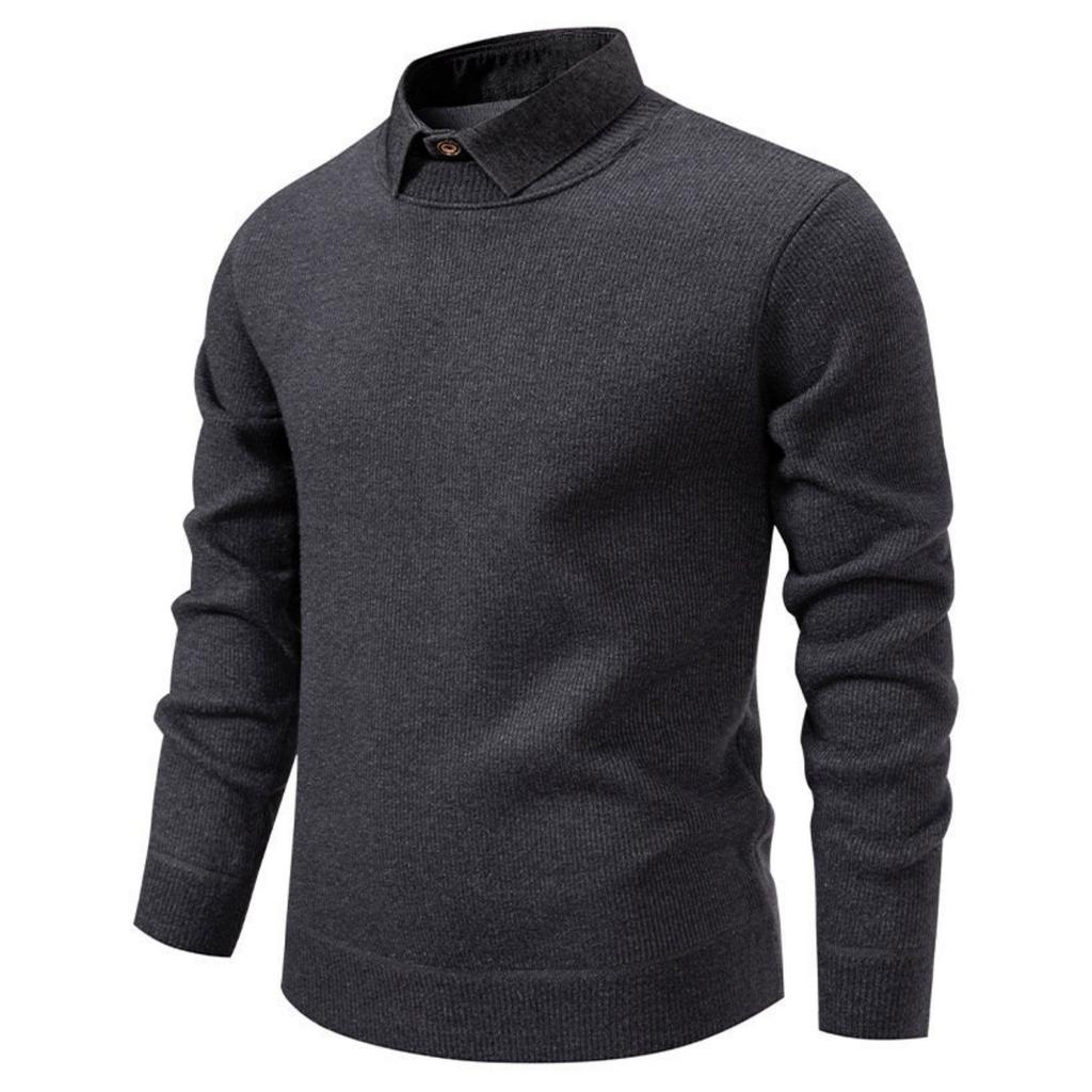 Men's Casual Patchwork Fake Two-piece Knitted Inner Sweater, Men's Warm Lapel Shirt Sweater