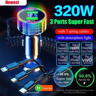320w Usb Car Charger 5 In 1 Fast Chariging Phone Adapter For Iphone 14 Pro Max Apple 13 12 11 Samsung Huawei Oppo Oneplus Xiaomi