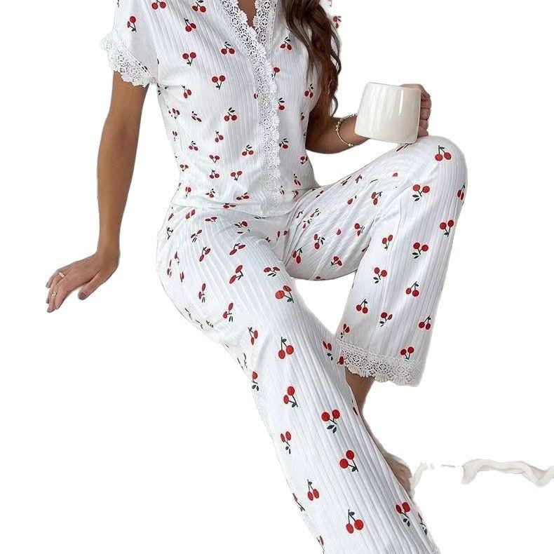 

Европейская и американская женская сексуальная пижама с V-образным вырезом и принтом вишни - Осенне-зимняя кружевная футболка и облегающие брюки Small вишня