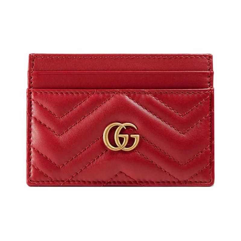Gucci GG Marmont distressed gold logo quilted leather cowhide card holder card holder women's red