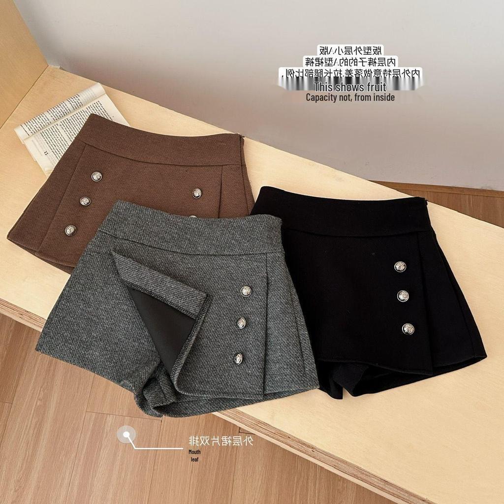 Petite High-Waisted Woolen A-Line Skort - Autumn & Winter Double-Breasted Style