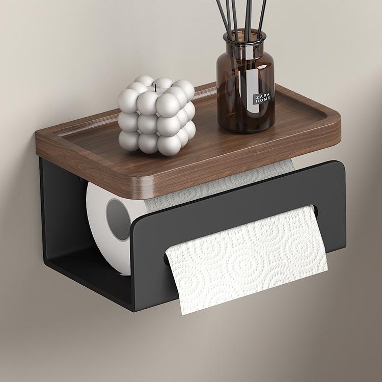 Punch-Free Black Walnut Paper Towel Holder & Wall-Mounted Tissue Dispenser with Mobile Phone Rack