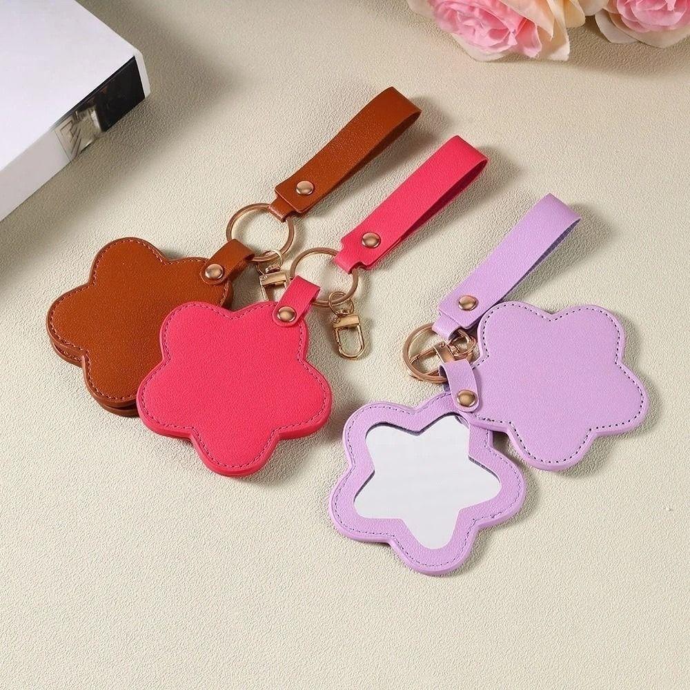 Rotate Small Mirror Stars Shape Makeup Mirror PU Leather Colorul Star Keychain  Graduation Gift