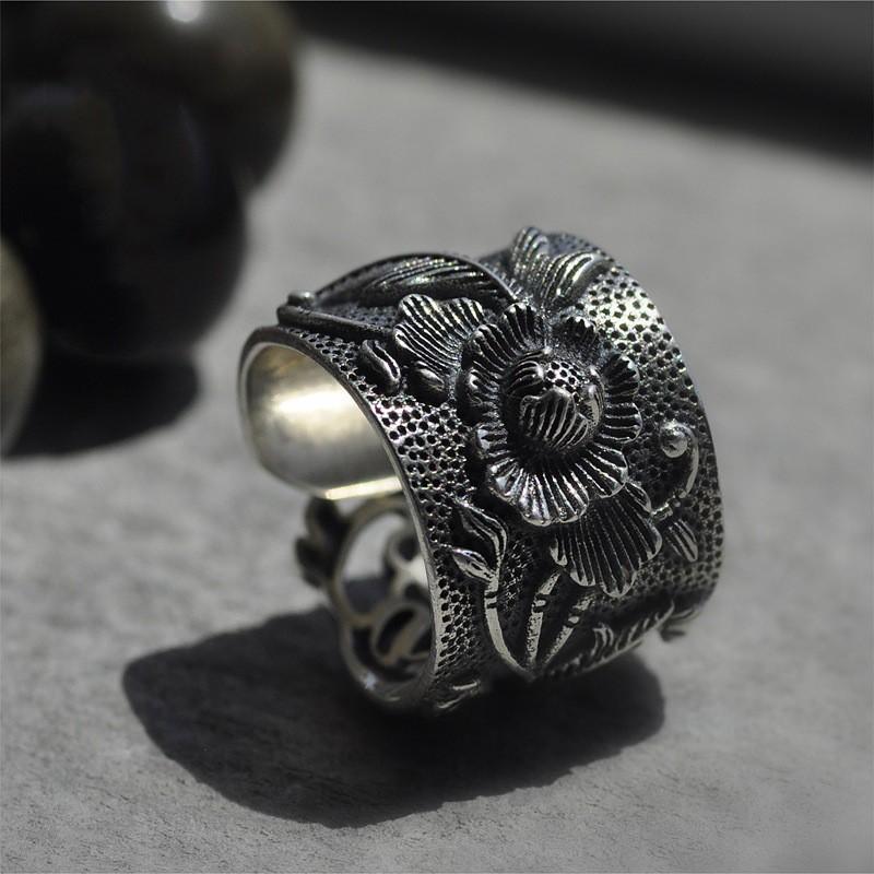 Adjustable Open Ring Men Women Vintage Floral Design With Peony Lotus Motif Plated Wide Band Statement Jewelry