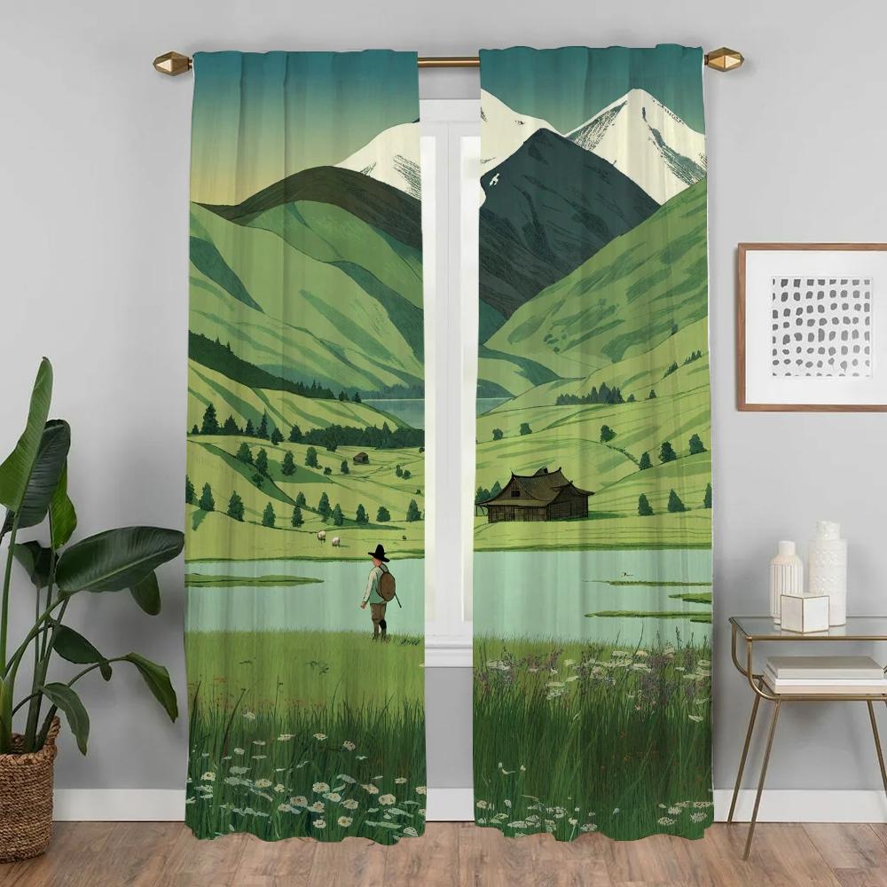 Weitläufiges Grasland Tüll für Schlafzimmer Vorhänge Raumteiler Verdunkelungsvorhänge für Kamera Moderne Wohnzimmer Vorhänge 2 Stück Vorhang Zuhause
