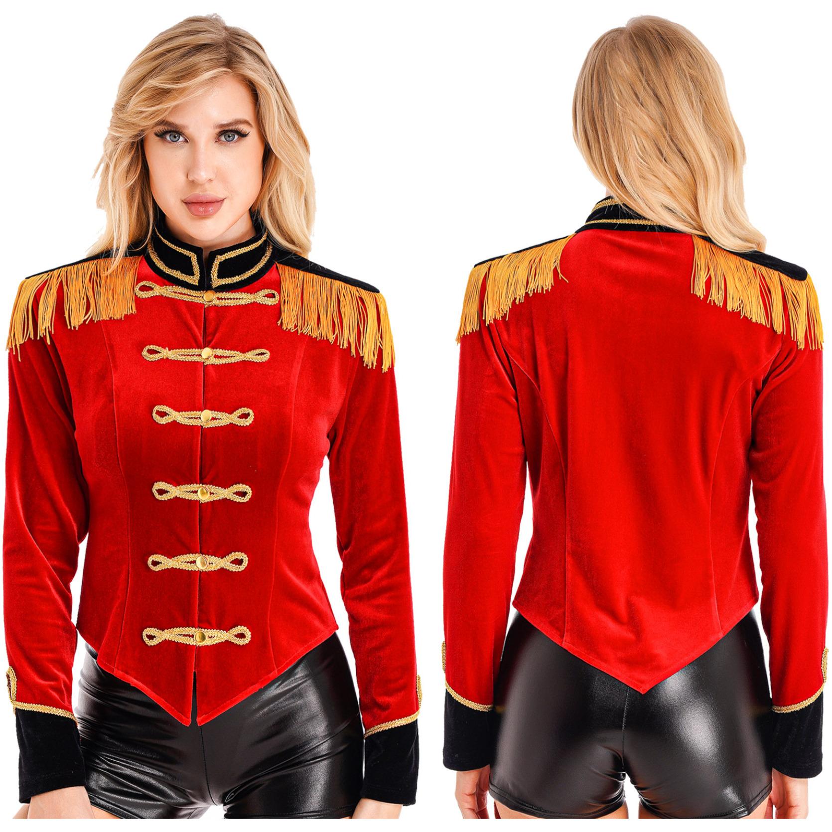 

Женский цирковой манеж, карнавальный костюм на Хэллоуин, тематическая вечеринка, с длинным рукавом и воротником-стойкой, с бахромой на плечах, бархатная куртка, пальто L красный