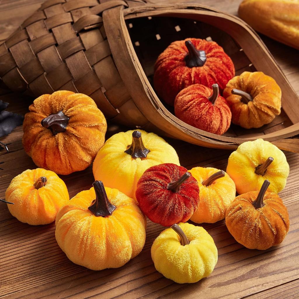 Decor 12pcs Artificial Fake Velvet Pumpkins Decoration For Fall Home Thanksgiving Decorative