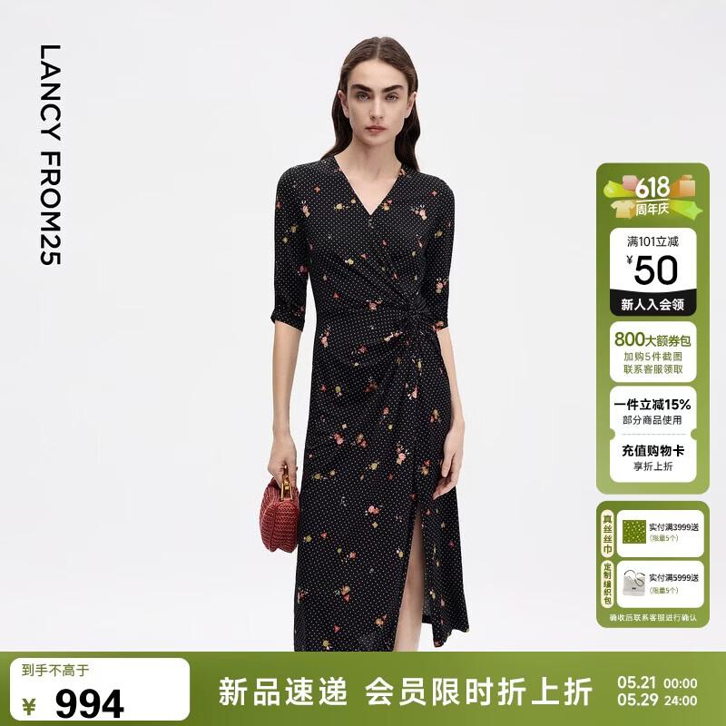 LANGZI V-Neck Printed Vintage Style Waist-Cinching Dress L