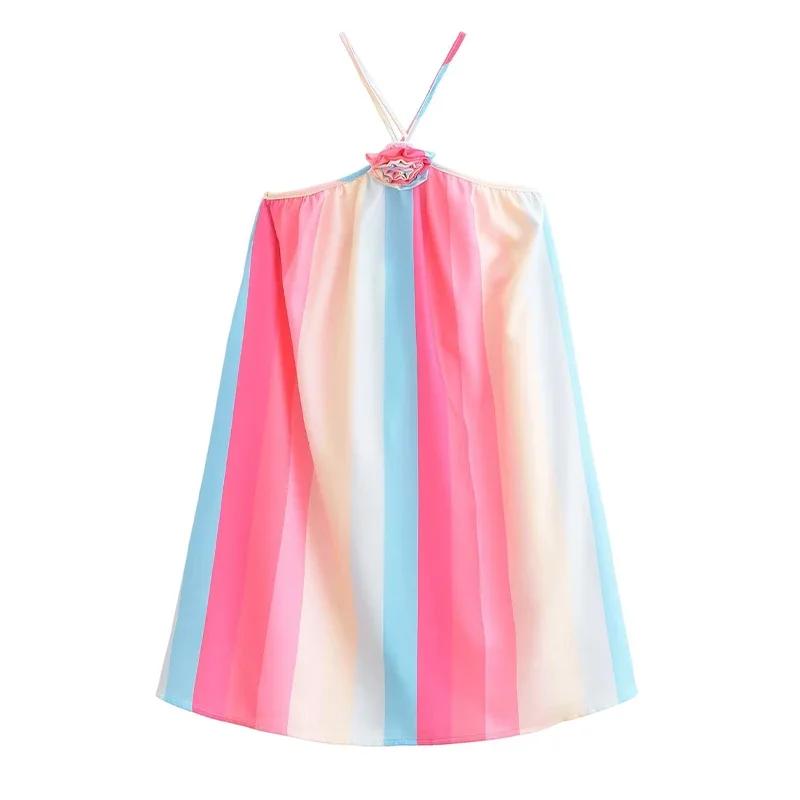 Цветное полосатое платье-халтер для женщин с 3D-цветком — фото 7