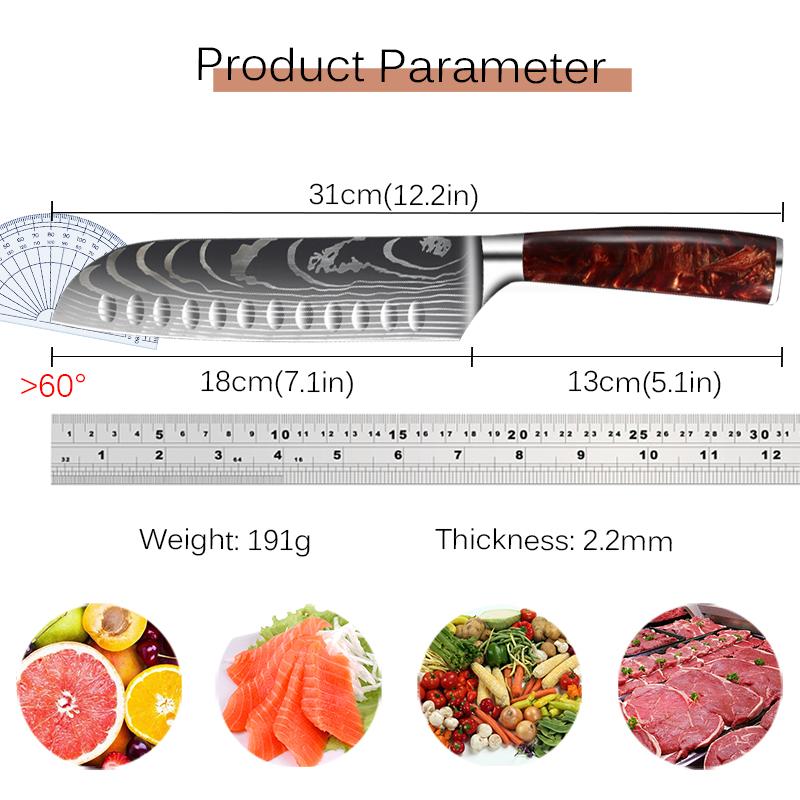 7inch Damascus Pattern Kitchen Knives Japanese Santoku Knife Meat Cleaver Fruit Slicing Knife Utility Knives Red Resin Handle