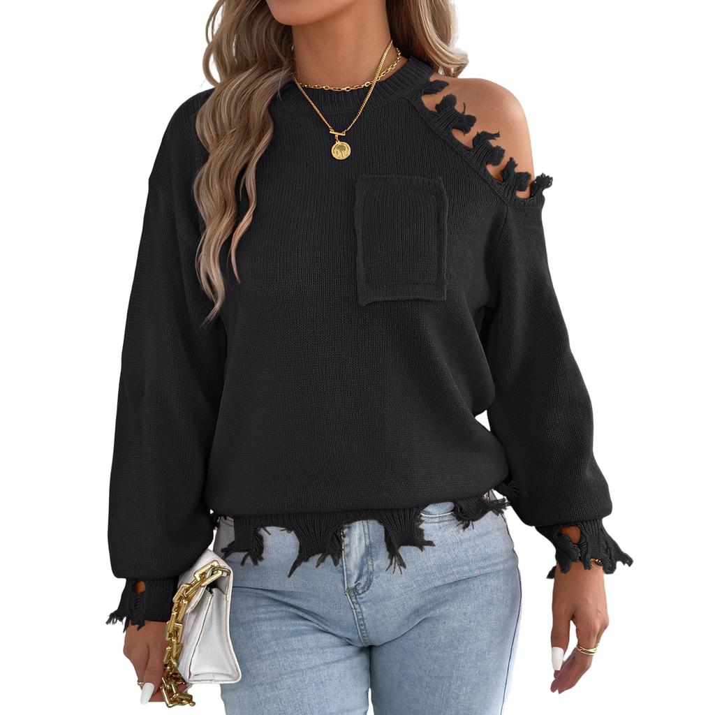 Damen Lässiger Pullover mit Off-Shoulder und Langen Ärmeln