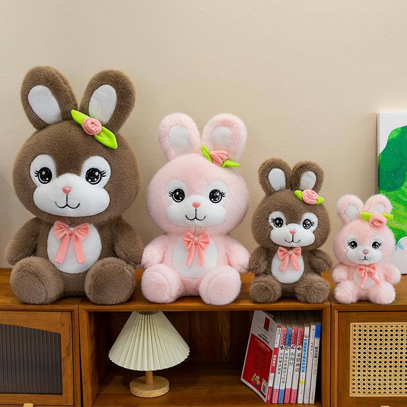 Pink-Brown Rabbit Flower Hair Bow Plush Toy 30 cm