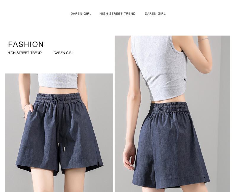 Dámské modré ledové hedvábí rychleschnoucí s vysokým pasem áčkového střihu s elastickým pasem volné ležérní široké nohavice střední délky 2025