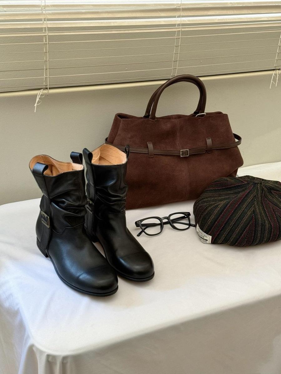 

Корейская версия новых универсальных ботинок-чулок с плиссировкой ручной работы, на толстом каблуке, средней высоты, женские ботинки в стиле вестерн-ковбойские 40 чёрный