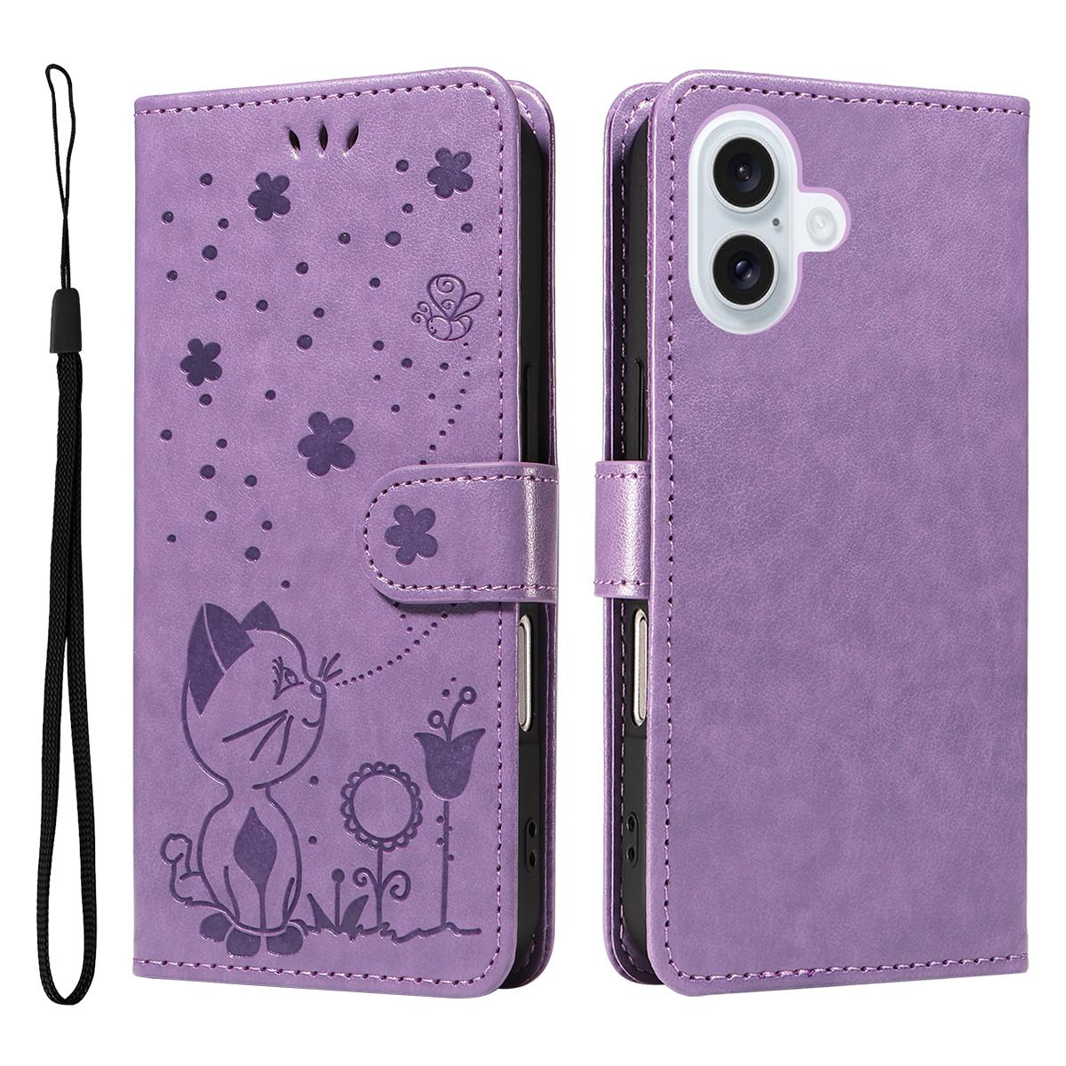 

For iPhone 17 Leather Wallet Case Cat Bee Pattern Phone Cover Stand Purple