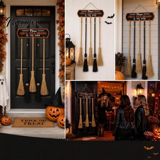 Halloween Home Decor Broom Parking Sign, Check Your Brooms Wooden Wall Hanging Sign Witch with Hooks for Indoor Outdoor Front Porch Creative