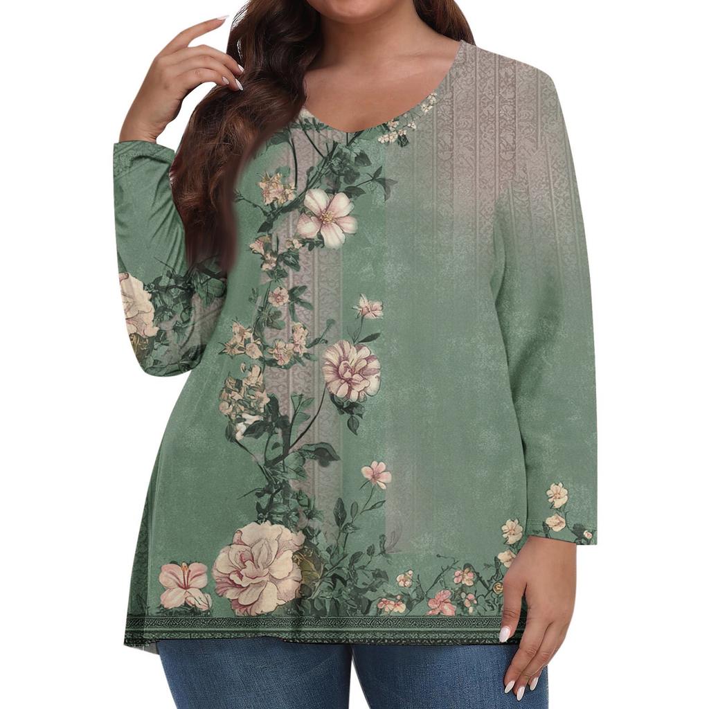 Modisches lässiges Langarm-Oberteil für Damen in Übergröße mit Blumenprint Übergröße Blumenprint-Oberteil