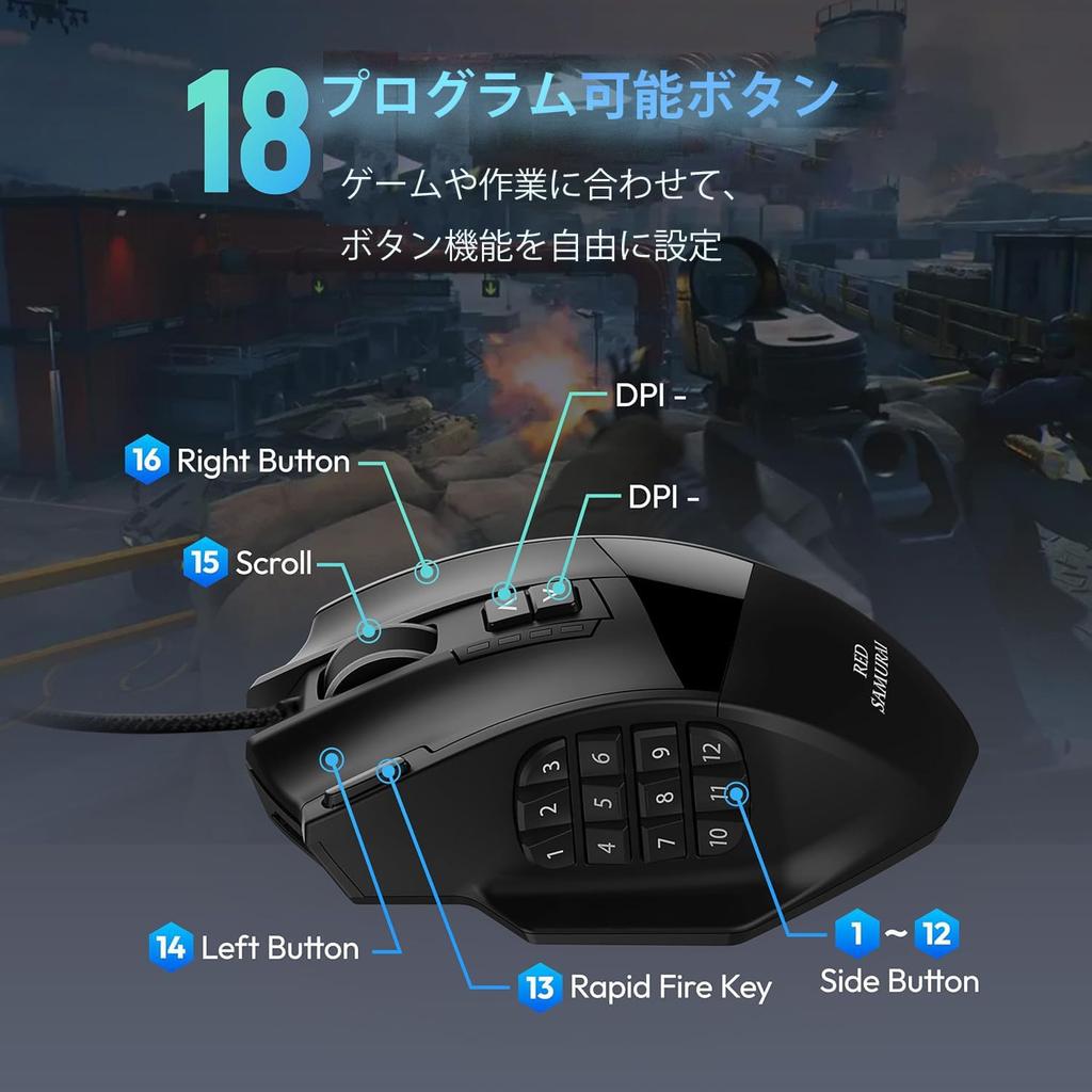 RED SAMURAI Wired Gaming Mouse, 16400dpi, 1000Hz, 18 Programmable Buttons, Side Buttons, Weight Adjustment, Stable Grip, Backlight, Customizable Progr