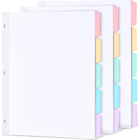 Forvencer Blank Writable Binder Dividers, 1/5 Cut Tabs, 3 Hole Punch Dividers with Reinforced Edge, Binder Dividers with Multicolor Tabs, Letter