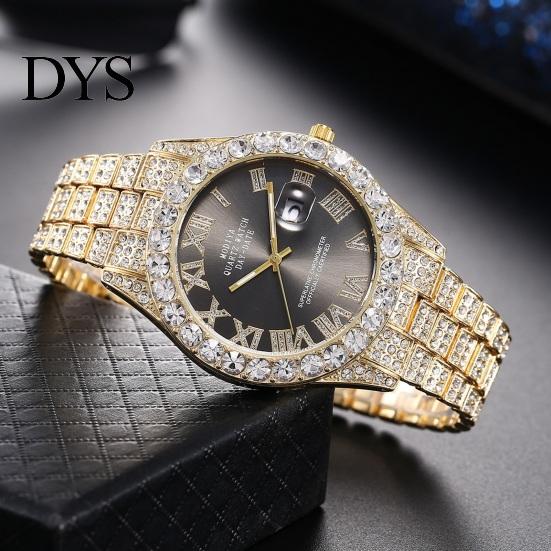 Roman Numeral Watch Ladies Quartz Round Dial Alloy Rhinestone Decor Umber Calendar High Accuracy Men No Delay Time-checking Wristwatch Business