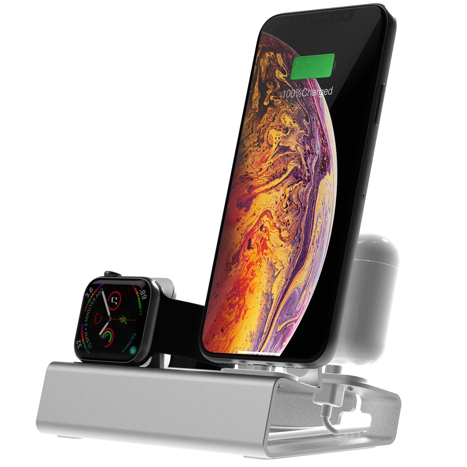 

3-in-1 Aluminium Alloy Desktop Holder Charger Dock Charging Stand for Apple Watch + Airpods + Phone Silver