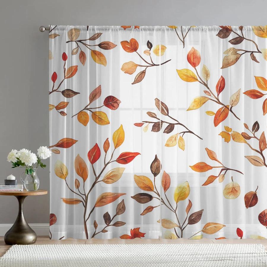 2PCS Digital Print Sheer Curtain, Watercolor Autumn Leaf, Artistic Fall Seasonal - Voile Drapes for Bedroom Living Room Decor