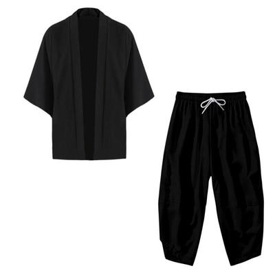 Men's Japanese Black Kimono Jacket Set Open Front 3/4 Sleeve Coat With Trousers Asian Chinese Style Printed Cardigan Suit