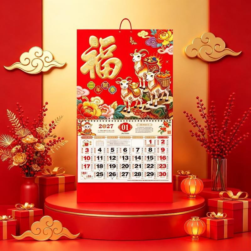 2027 Traditional Zodiac Sheep Year Wall Calendar Red Gold Foil Chinese Lunar New Year Decor