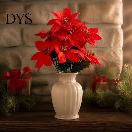 Indoor Holiday Ornament for Mantel Artificial Poinsettia Flowers, Christmas Red Bouquet with Berries, Faux Silk Maintenance Free Plant Decor
