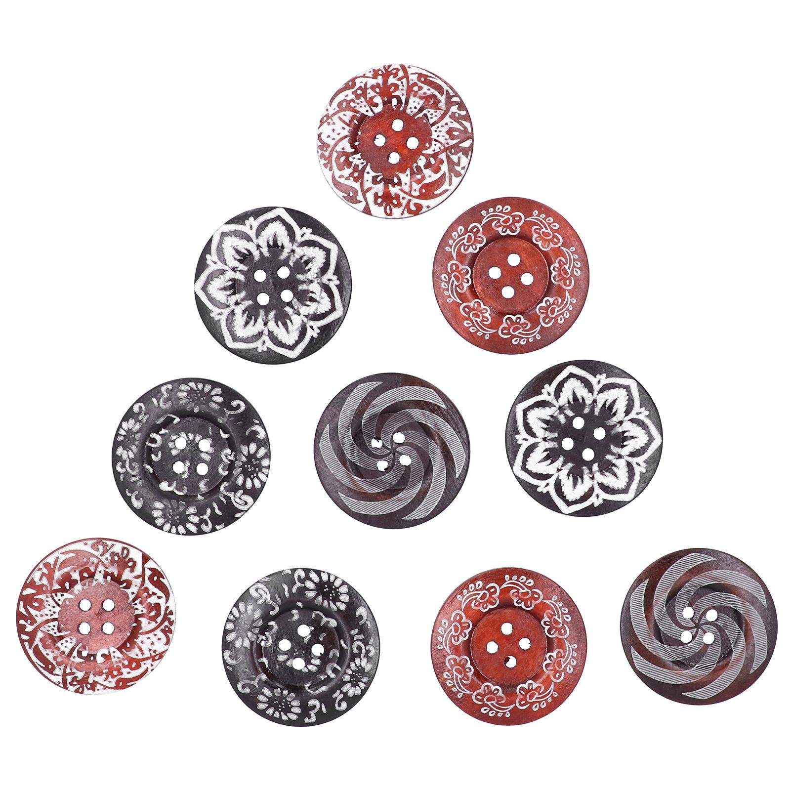 

10Pcs Round Buttons Mixed Pattern Carving 4‑Holes Button DIY Art Crafts Supplies