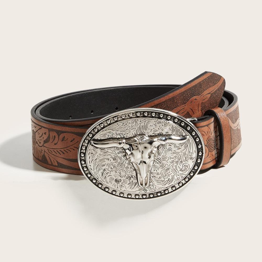 

Luxury Carved Western Cowboy Belt Retro Cow Head Buckle Embossed Belt Vintage PU Leather Belt For Man Women коричневый