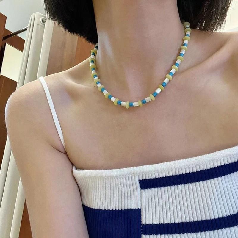 Vacation Style Colorful Natural Stone Necklace Blue Turquoise White Shell Lemon Beaded Choker Women