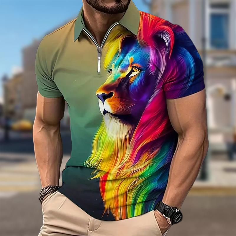 

Мужская рубашка поло повседневная на молнии с коротким рукавом модная повседневная на молнии лето весна стандартный крой анималистичные принты 3D принт рубашка XL красный